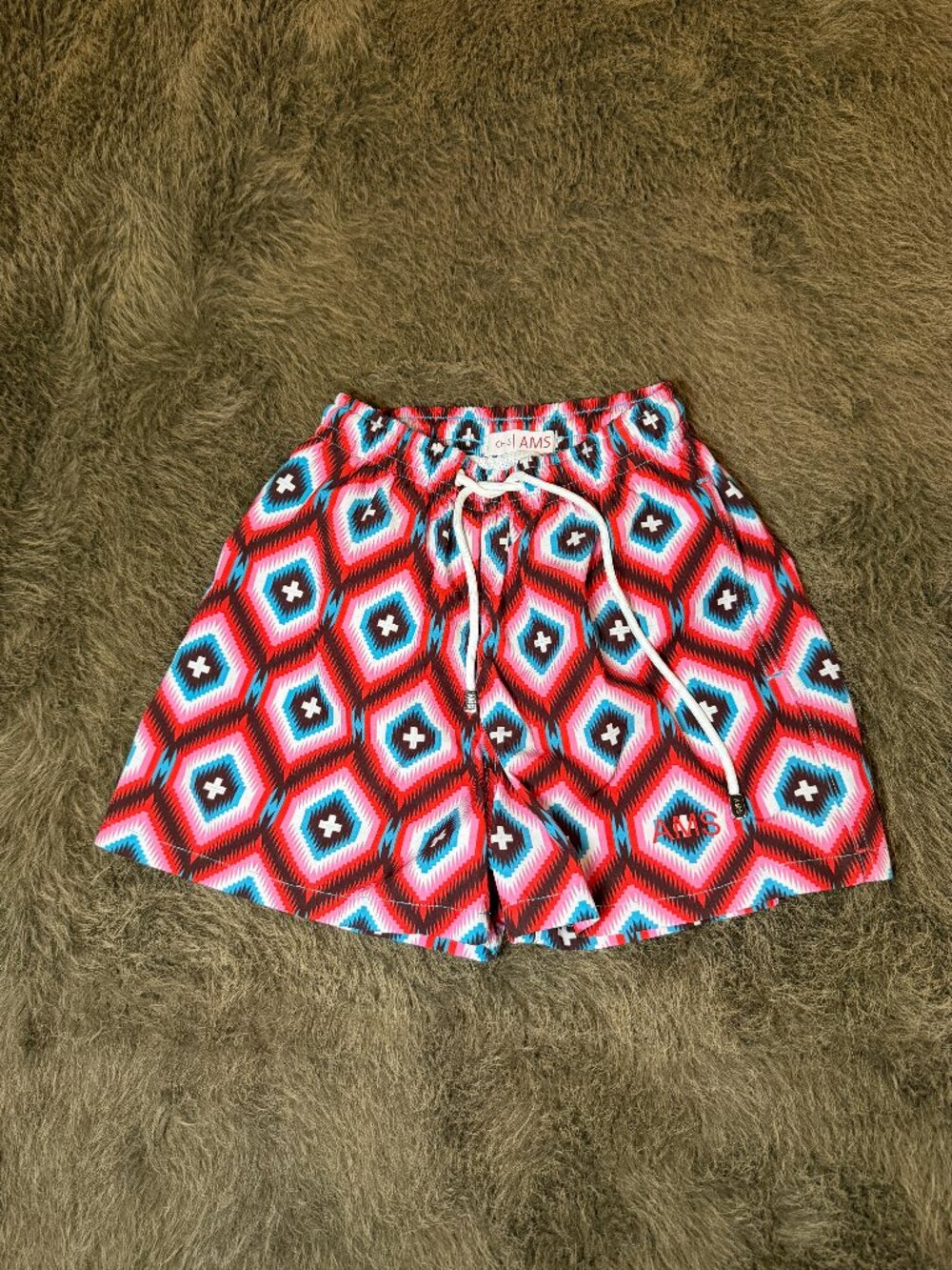 AMS Men's Swim Trunks Geometric Print Size Small Drawstring Beach Shorts